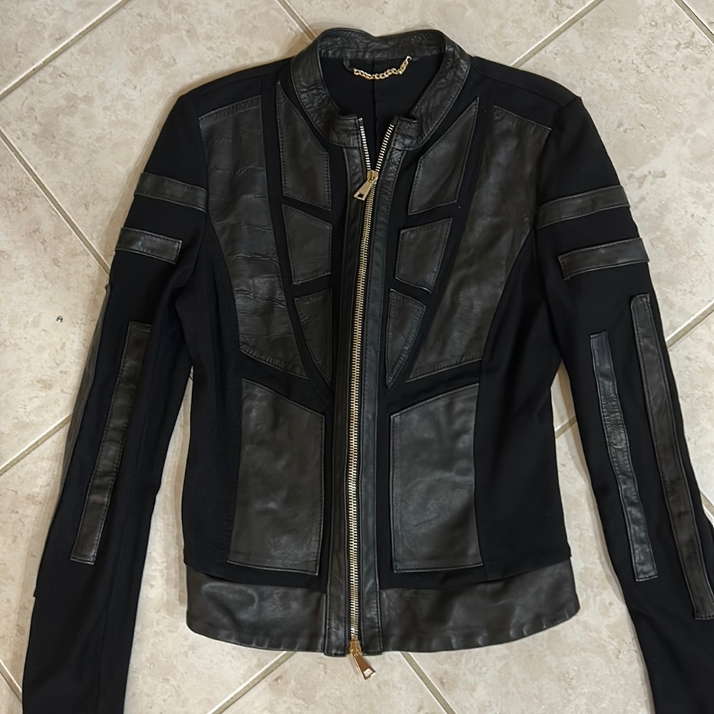 Zippered leather and sweater material Moto jacket!